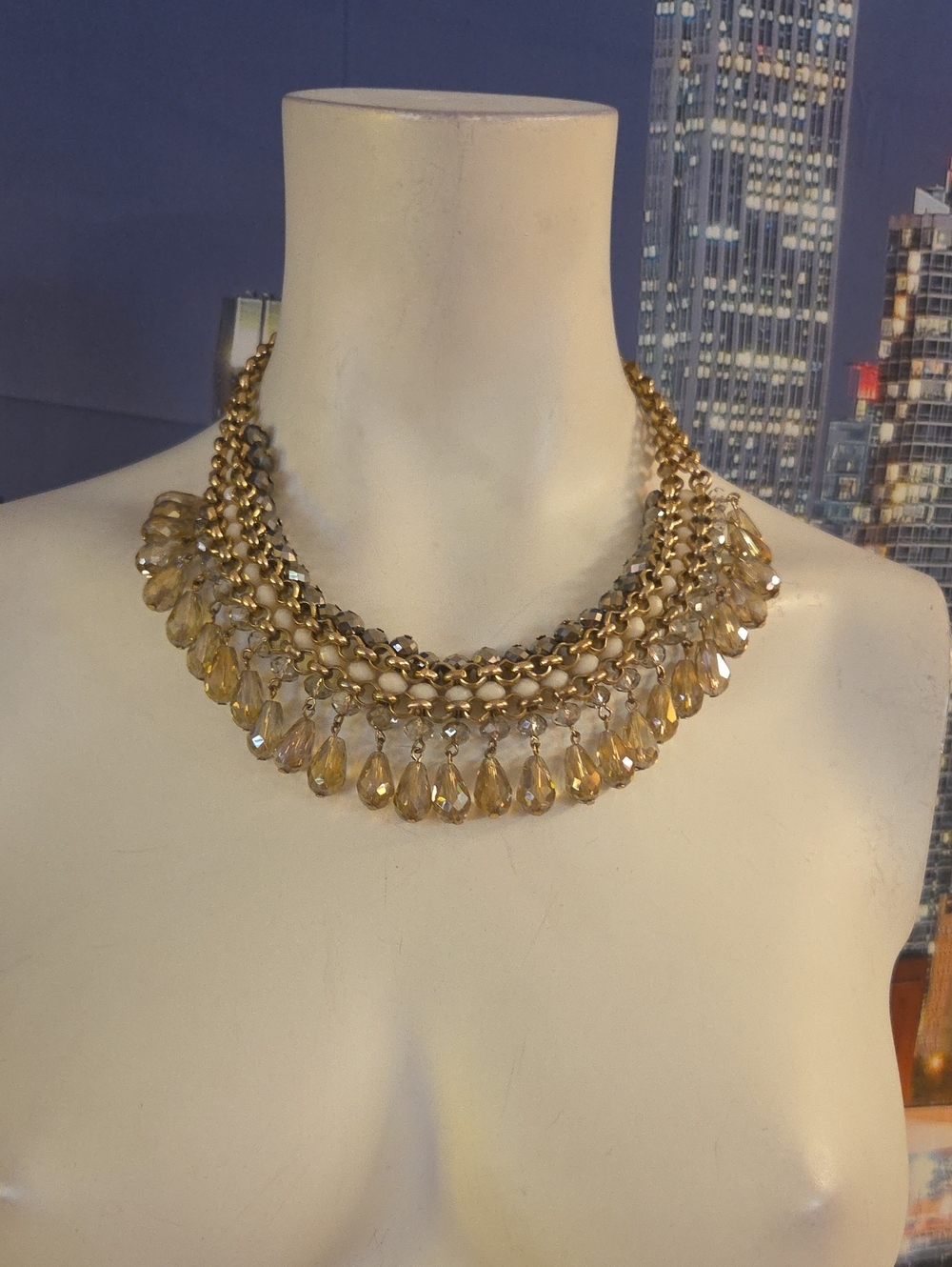 Gold Tone Multi-Layer Bib Choker Champagne Crystal Teardrop Fringe [1394].